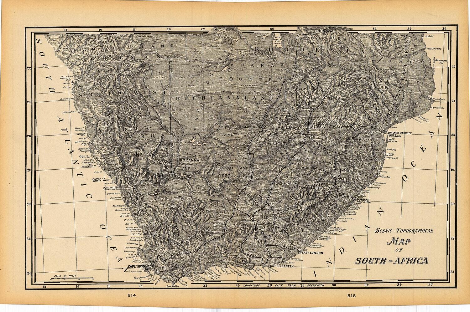 1911 Map of Scenic-Topographic South Africa by Geo.Cram in Color Lithography