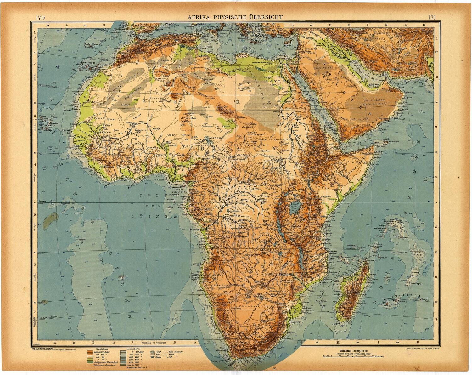 1923 Map of Africa by Stieler in Chromolithography , in German