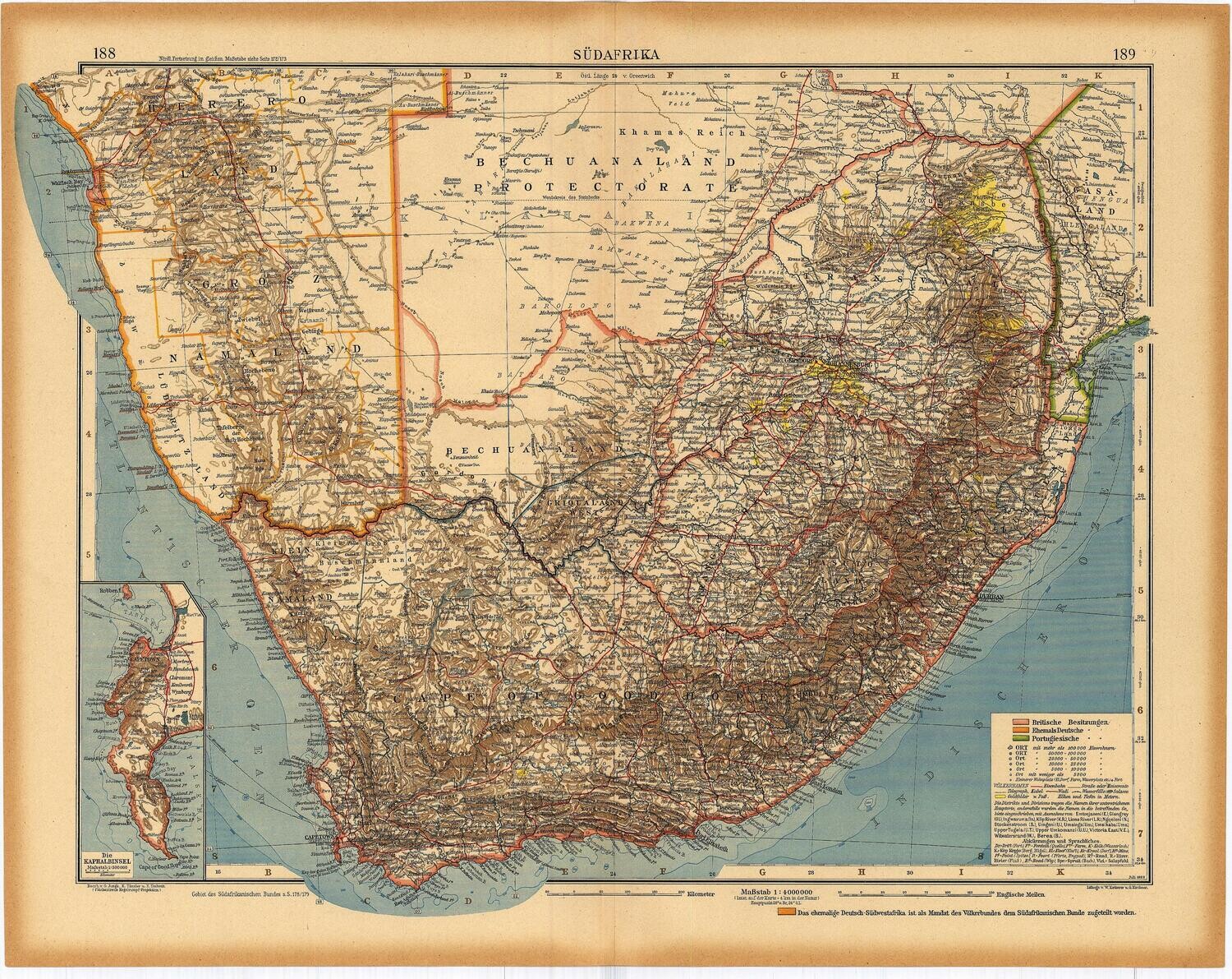 1923 Colonial Map of South Africa by Stieler in Chromolithography , in German