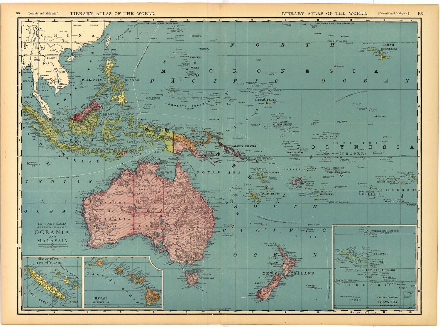 1912 Map of Oceanica by Rand McNally in Chromolithography