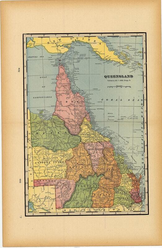 1908 Map of Queensland, Australia by Geo.Cram in Color Lithography