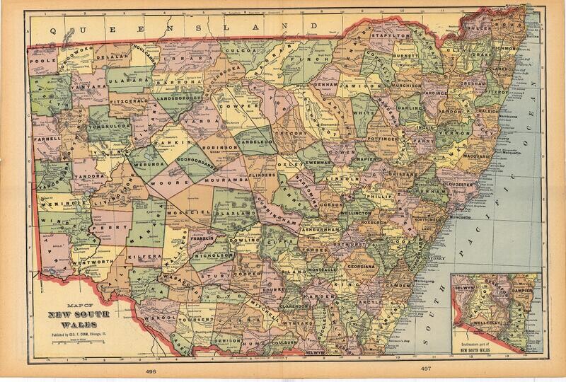 1901 Map of New South Wales by Geo.Cram in Color Lithography