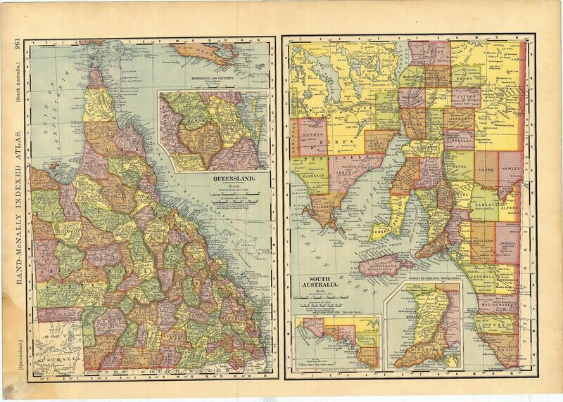 1904 Map of South Australia and Queensland Australia by Rand McNally in Color Lithography