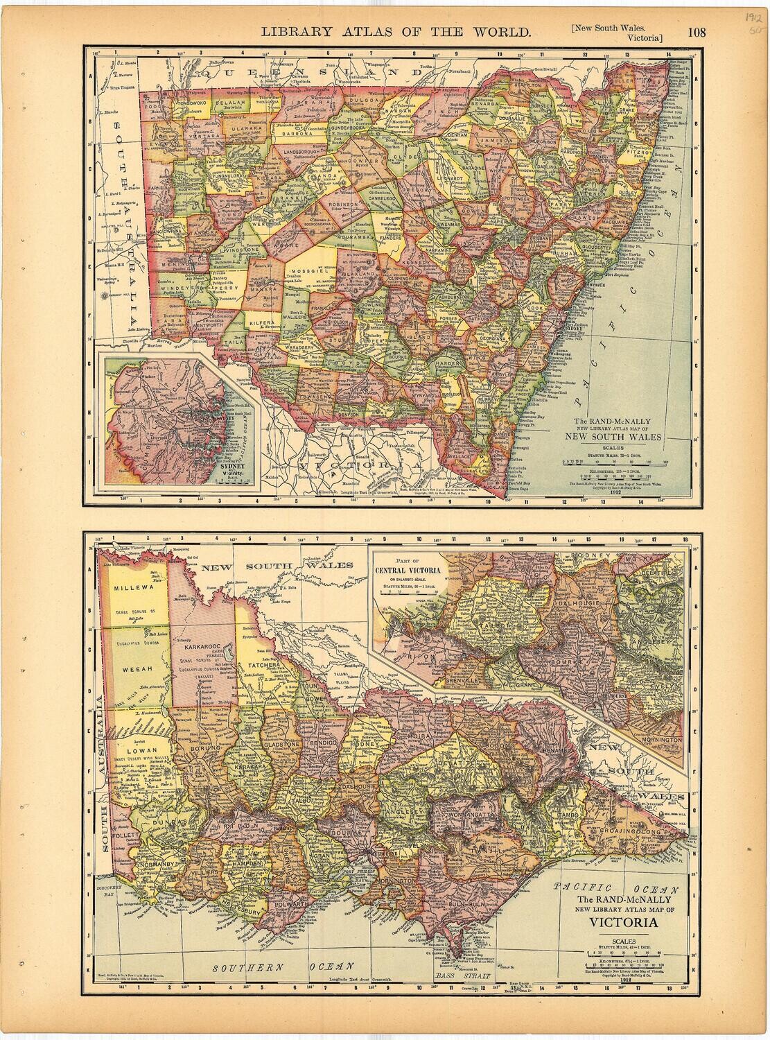 1912 New South Wales and Victoria - Atlas of the World in Color Lithography