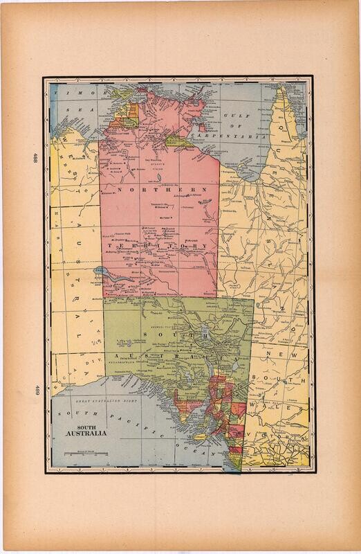1908 Map of South Australia by Geo.Cram in Color Lithography