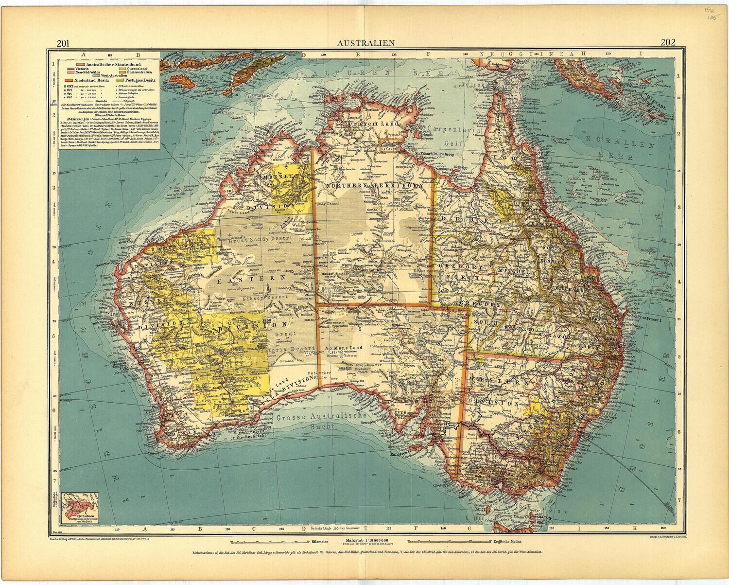 1912 Map of Australien (Australia) in German, Chromolithography