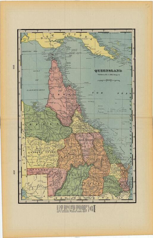 1901 Map of Queensland by Geo.Cram in Color Lithography