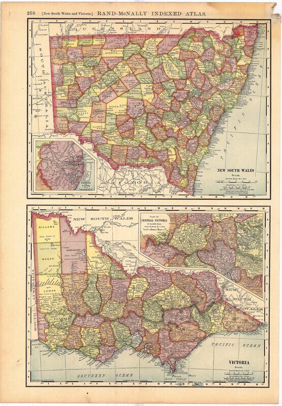 1904 Map of New South Wales  and Victoria , Australia by Rand McNally in Color Lithography