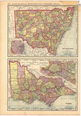 1904 Map of New South Wales and Victoria , Australia by Rand McNally in Color Lithography