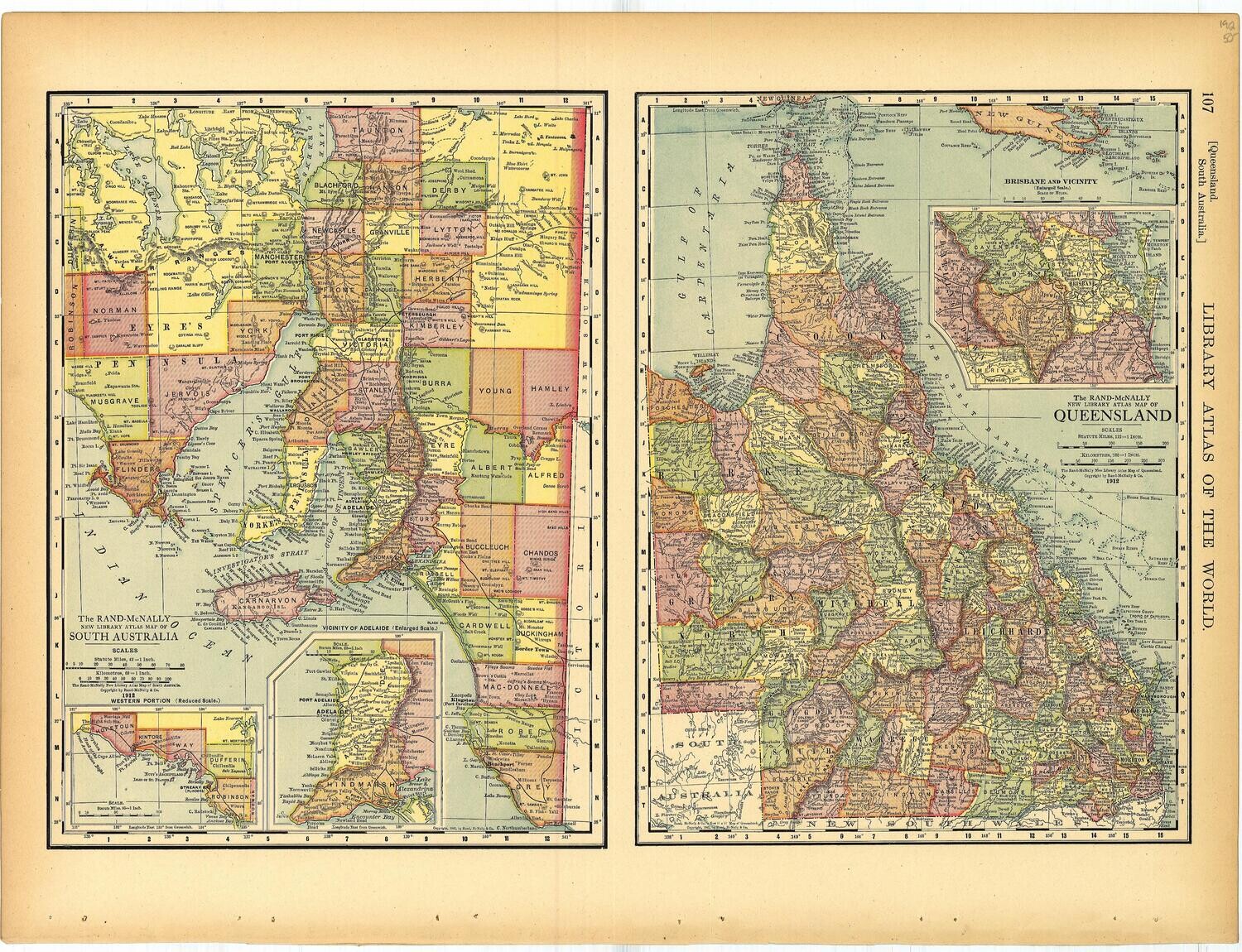 1912 Queensland and South Australia - Atlas of the World in Color Lithography