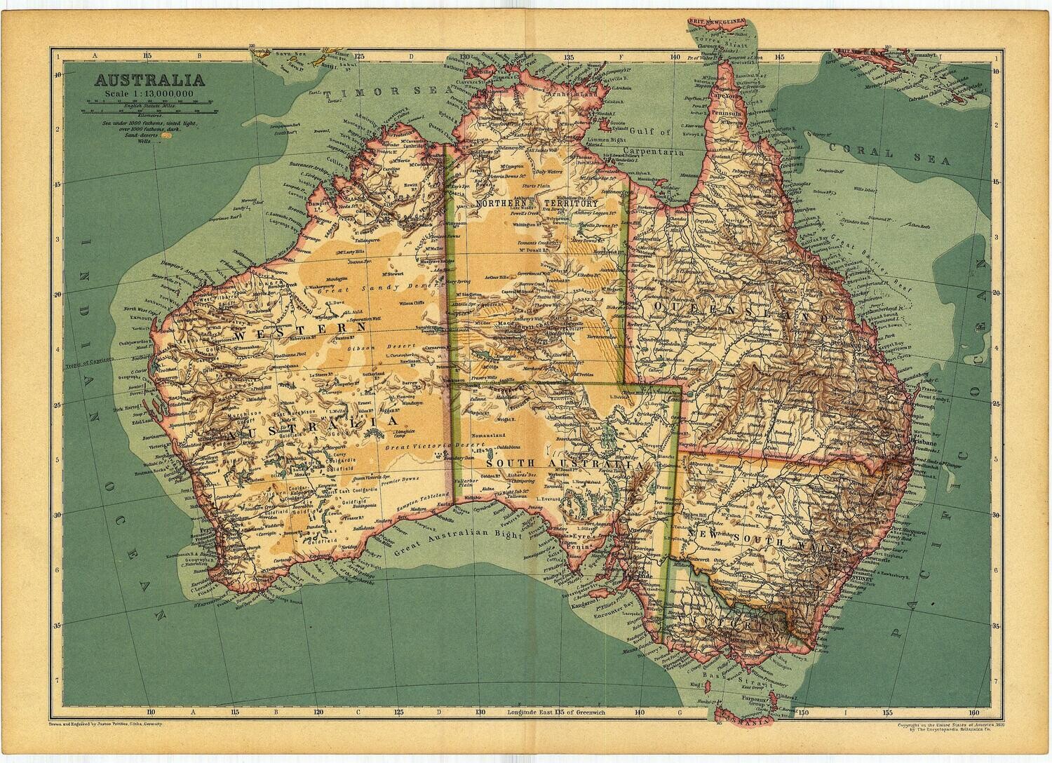 1910 Map of Australia by Justus Perthus in Chromolithography