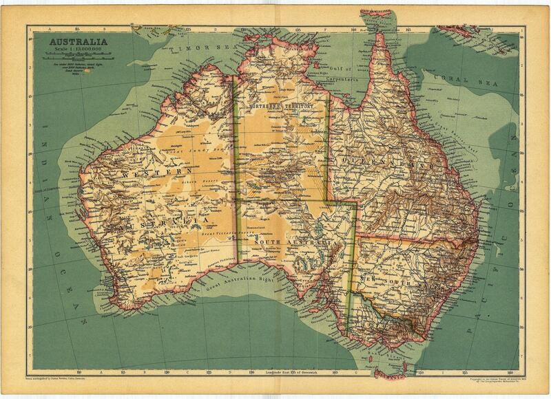 1910 Map of Australia by Justus Perthus in Chromolithography