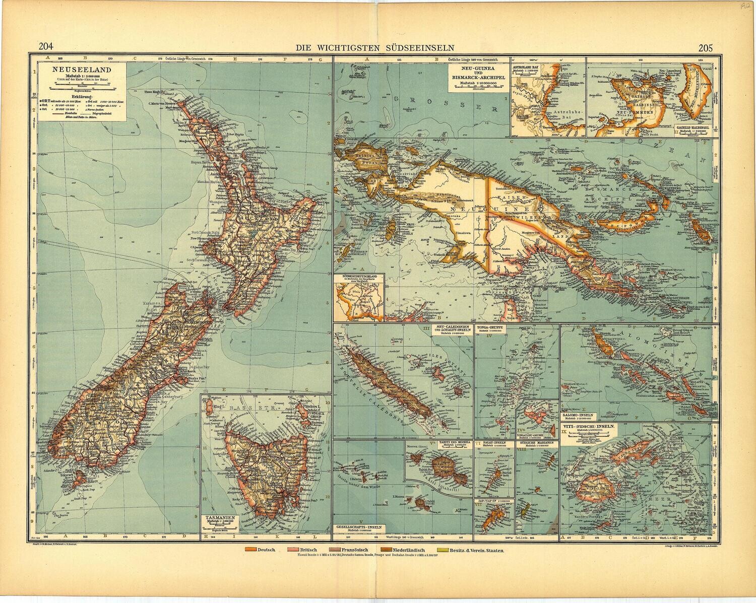 1912 Map of New Zealand New Guinea Oceania, by Stieler in Chromolithography, in German
