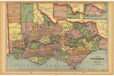 1908 Map of Victoria, Australia by Geo.Cram in Color Lithography