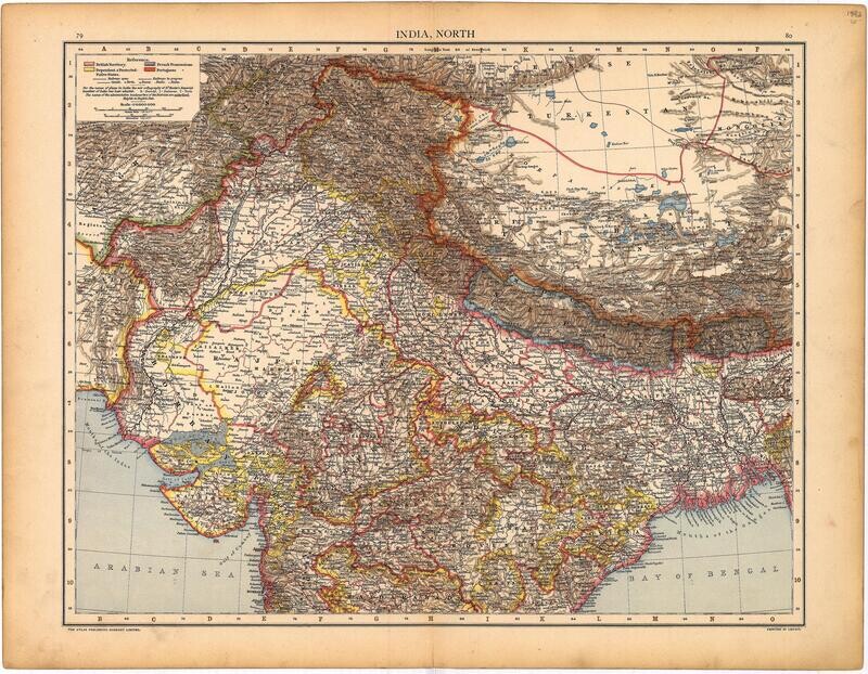 1892 Map of India (North) by the Atlas Publishing Co.in Color Lithography