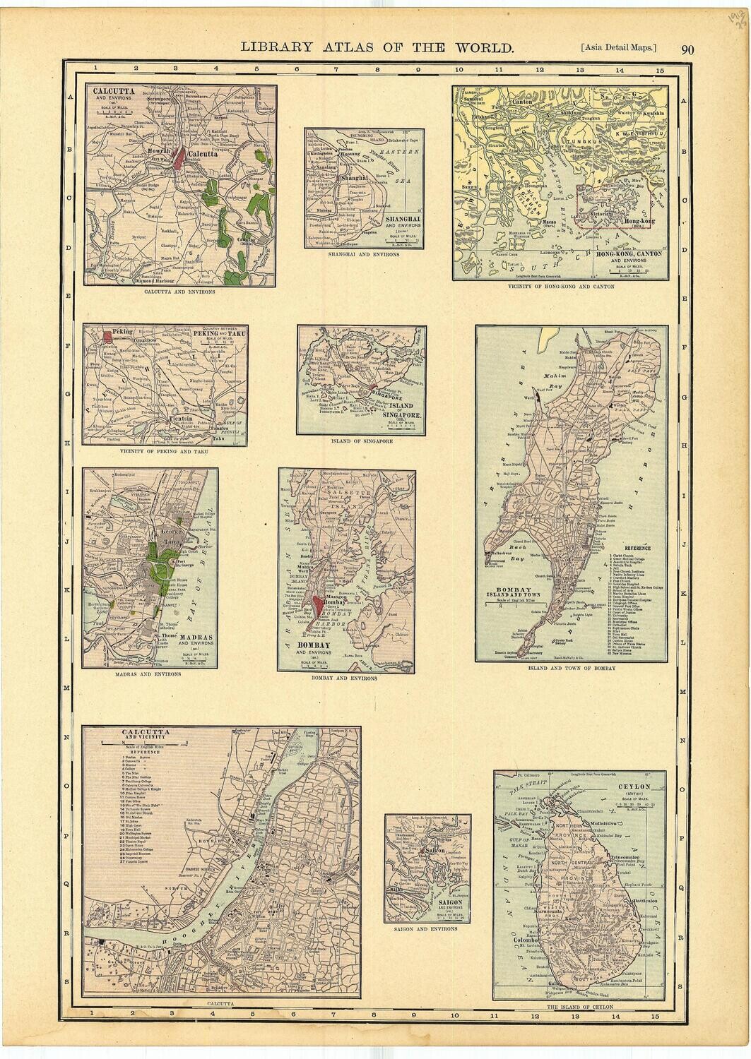 1912 Asian Cities Maps :Calcutta, Bombay, Singapore, Ceylon, Saigon by Rand McNally in 6 Color Lithography