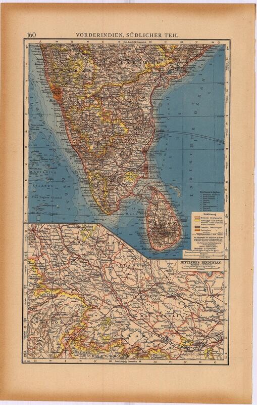 1923 Map of Southern India, Ceylon, Hindoostan by Stieler in Chromolithography in German