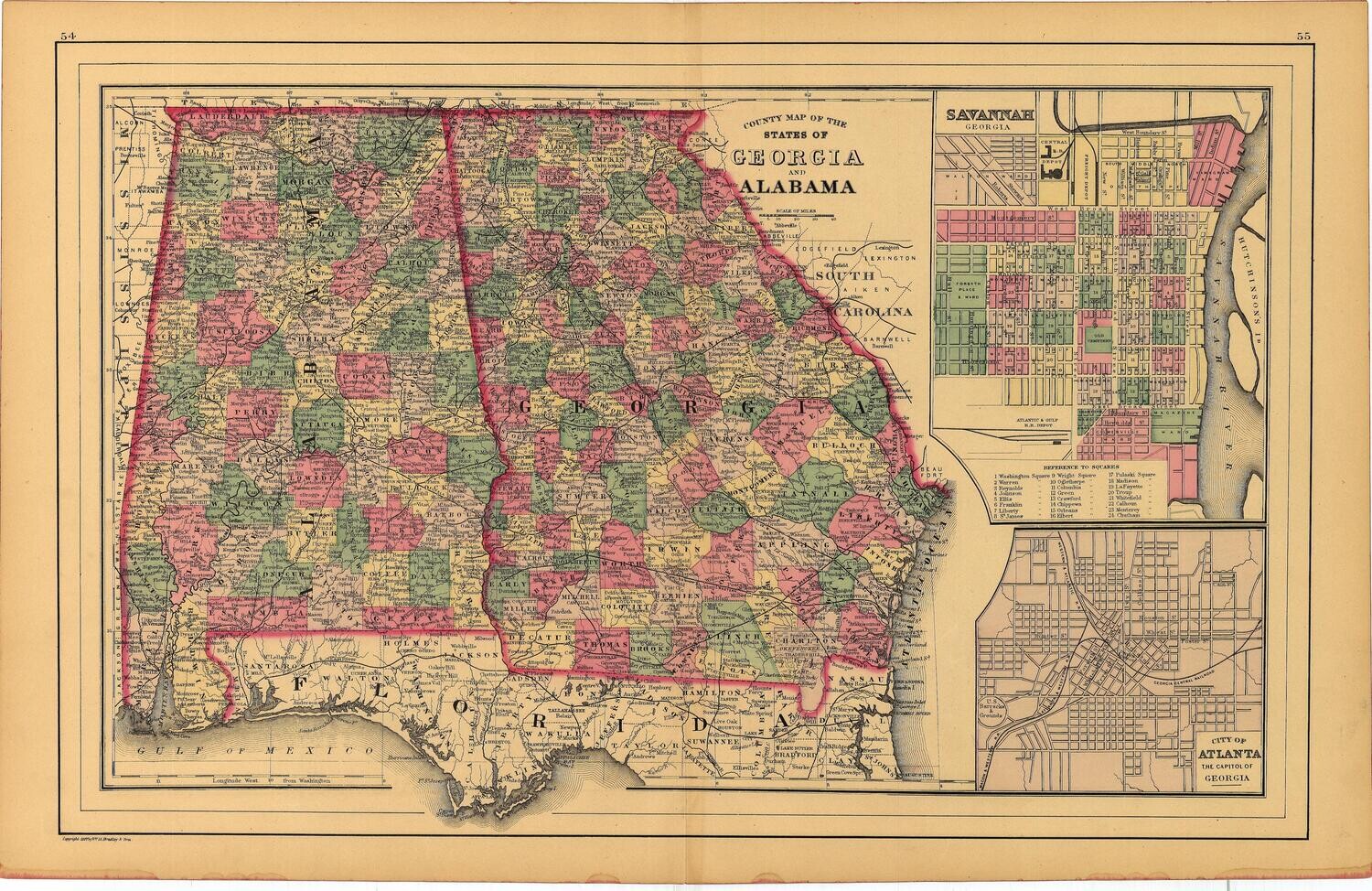 1887 Map of Georgia &amp; Alabama w/ Savannah and Atlanta Inserts by Bradley&#39;s in Lithography