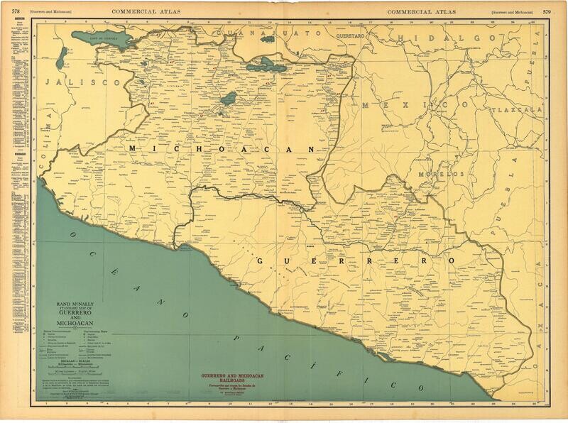 1925 Rand McNally Map of Guerrero and Michoacan Mexico