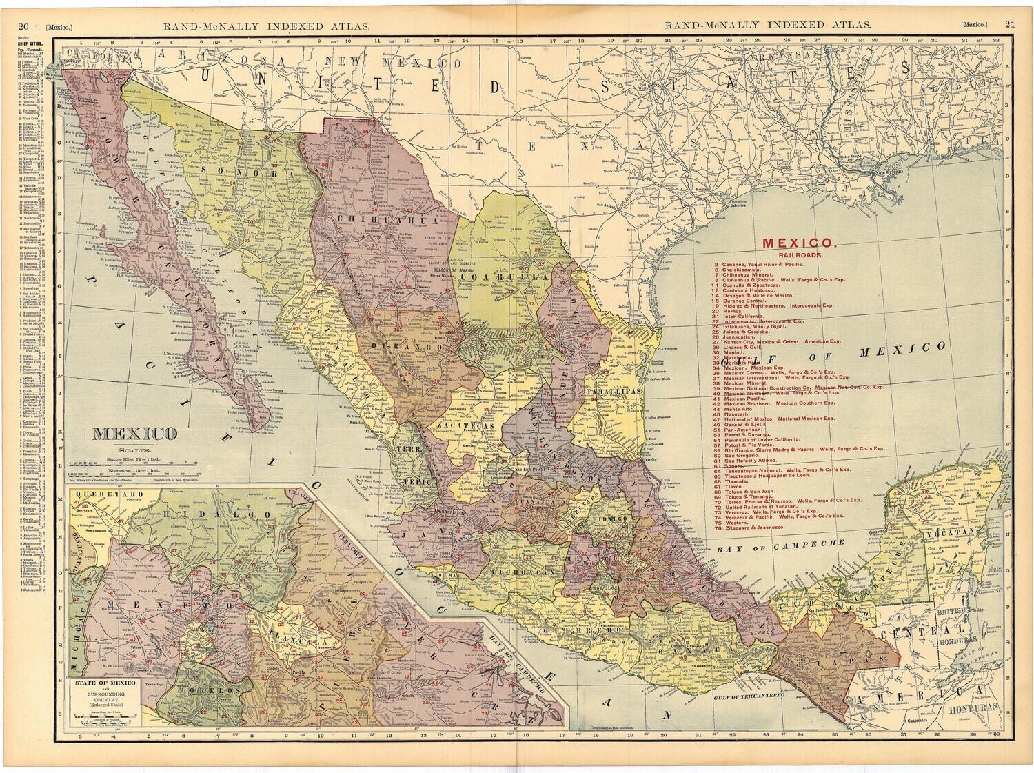 1906 Map of Mexico by Rand McNally in Color Lithography