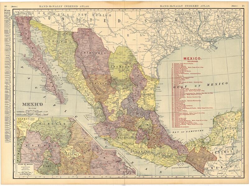1906 Map of Mexico by Rand McNally in Color Lithography