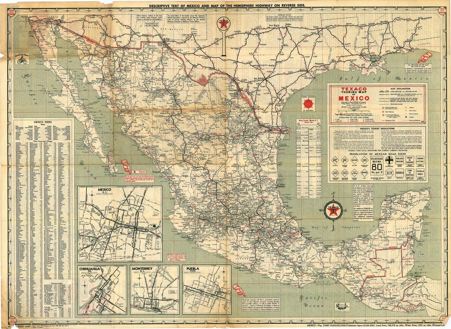 1951 Texaco Touring Map of Mexico - Rand McNally *