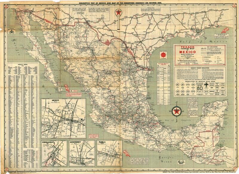 1951 Texaco Touring Map of Mexico - Rand McNally *
