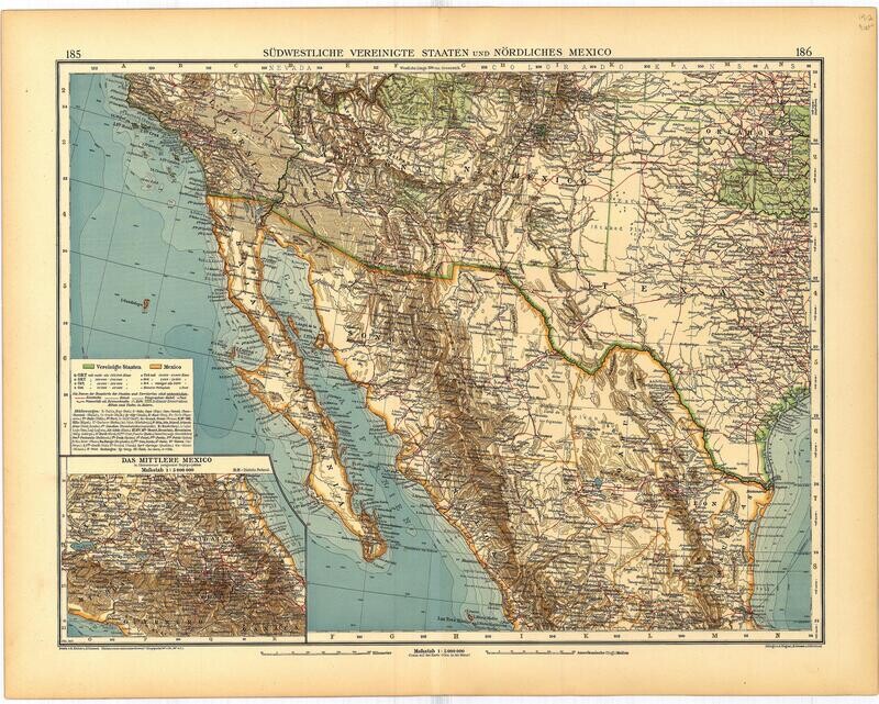 1912 Map of Northern Mexico by Wagner, in German , in Chromolithography