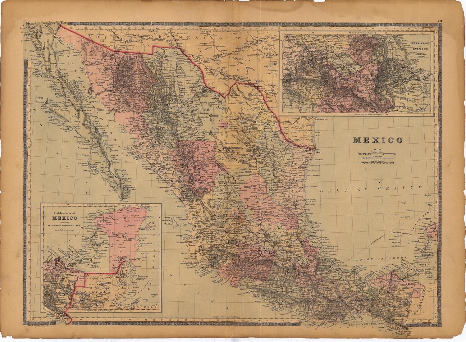 1886 Map of  Mexico  by Bradley&#39;s