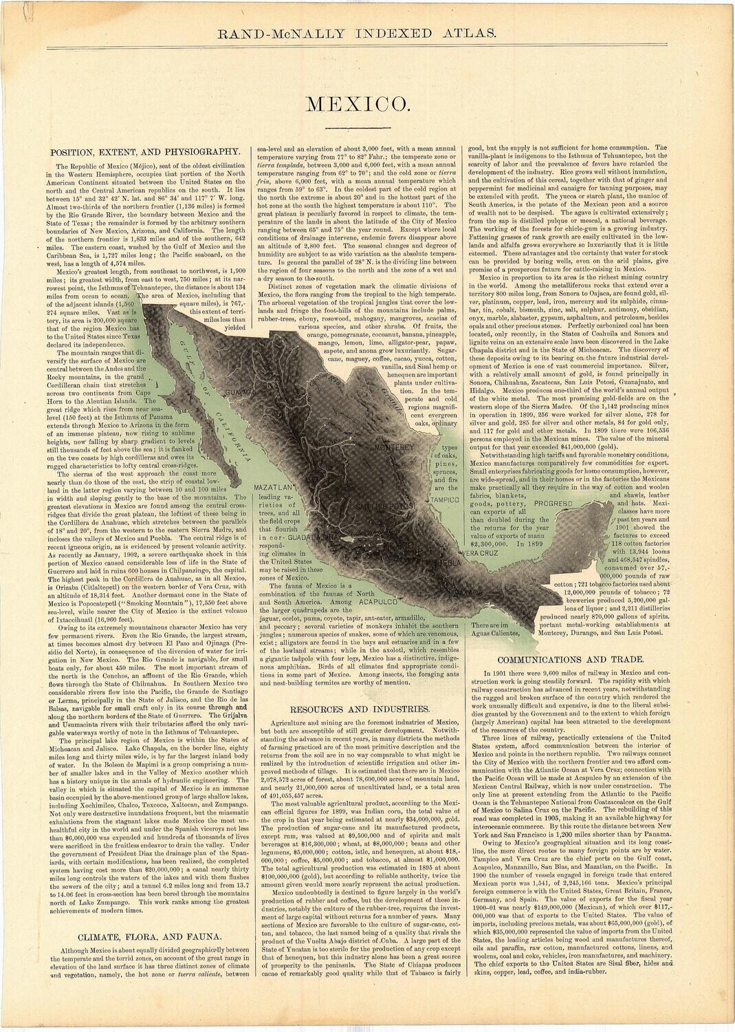 1912 Topographic Map of Mexico by Rand McNally in Duotone Lithgraphy w/ Text