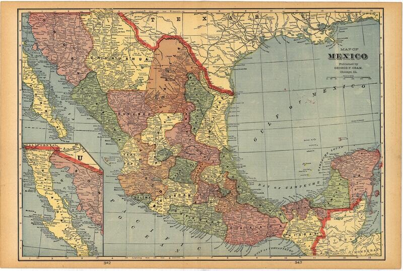 1908 Map of  Mexico by Geo.Cram in Color Lithography