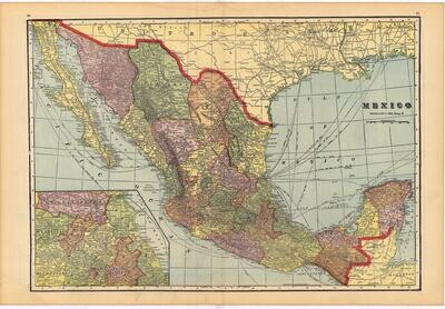 1903 Map of Mexico by Geo.Cram in Color Lithography