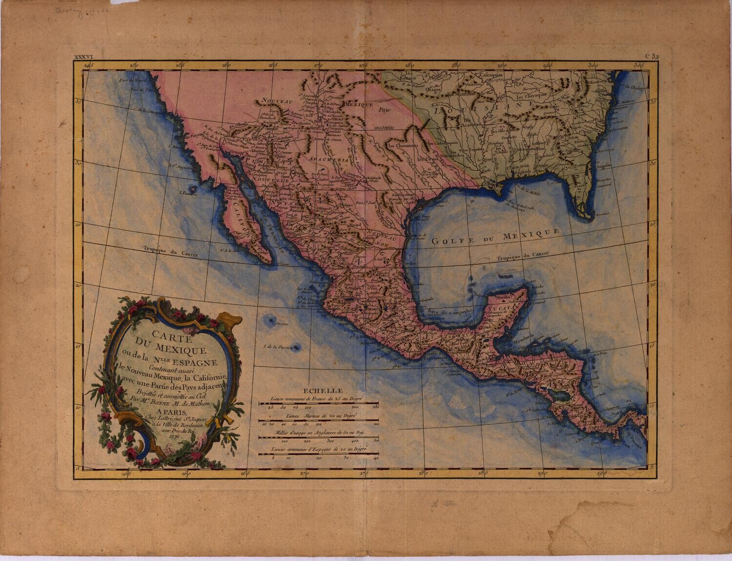 1771 Map of Mexico by Bonne 