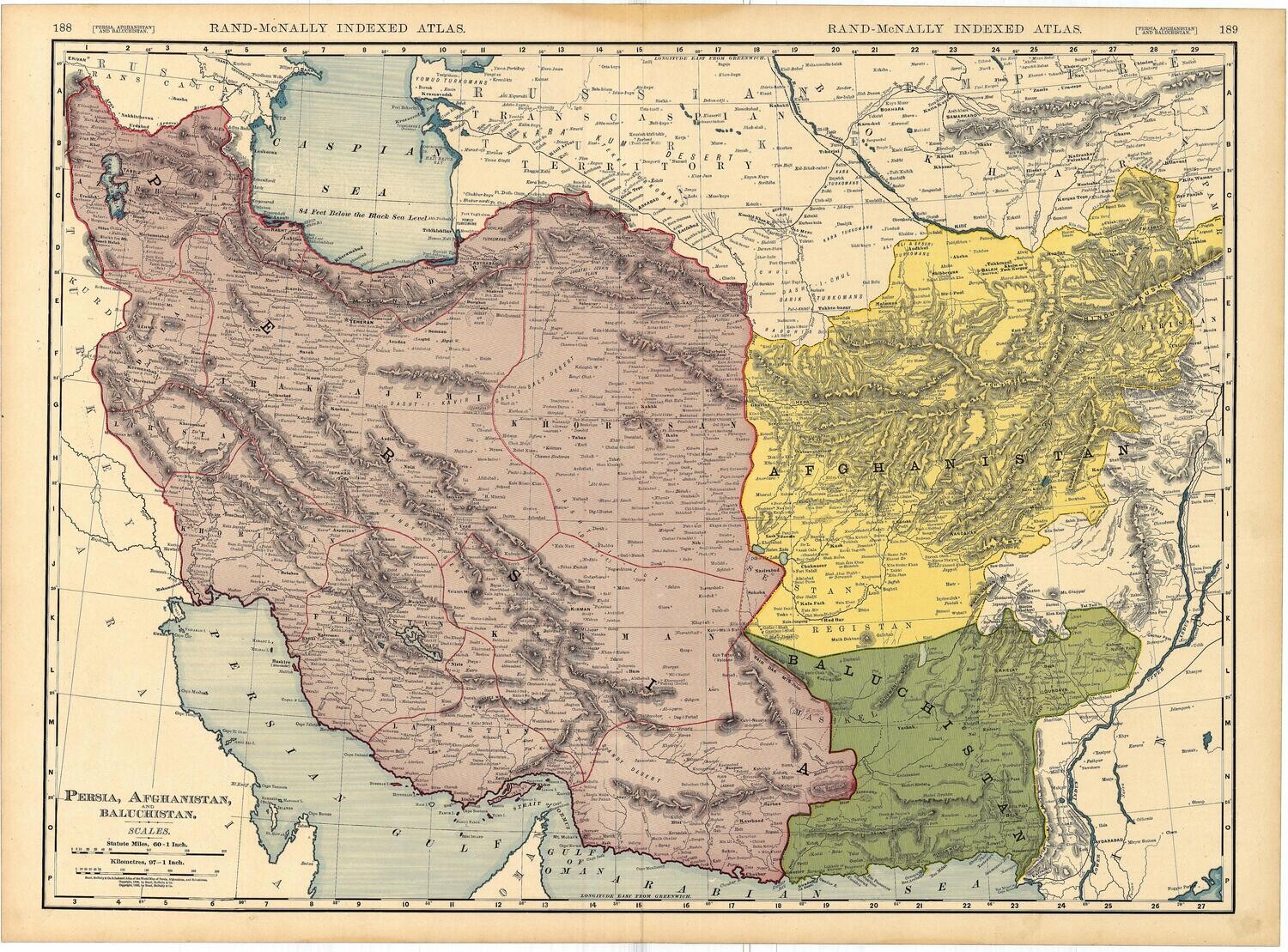 1902 Map of Persia Afghanistan by Rand McNally in Color Lithography