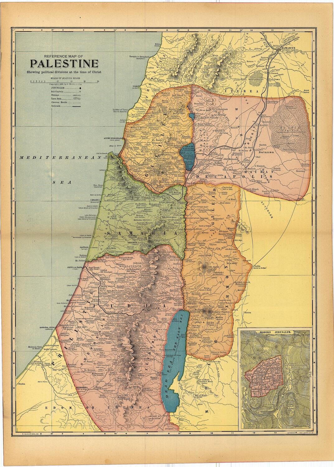 1903 (1899) Map of Palestine by the Martin MIller Co. in Color Lithography