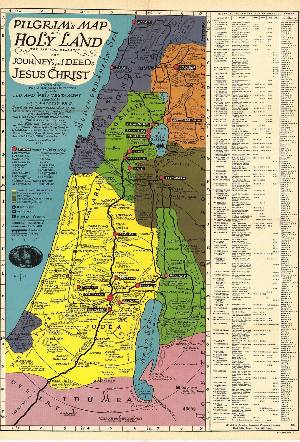 1942 Pilgrims Map Holy Land Carp. Workshop Chromolitho