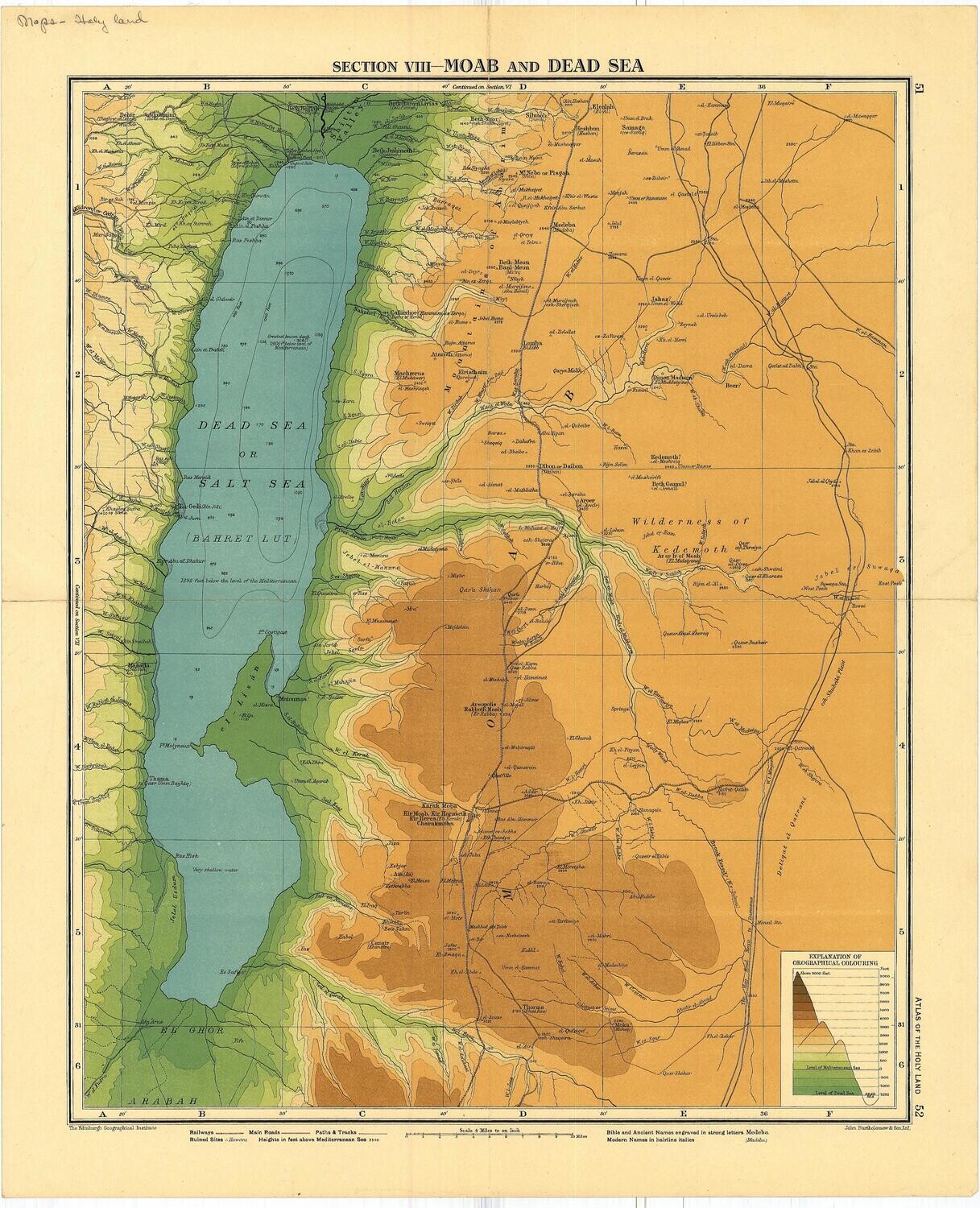 1915 Map of Moab and Dead Sea by Bartholomew &amp; Son in Color Lithography