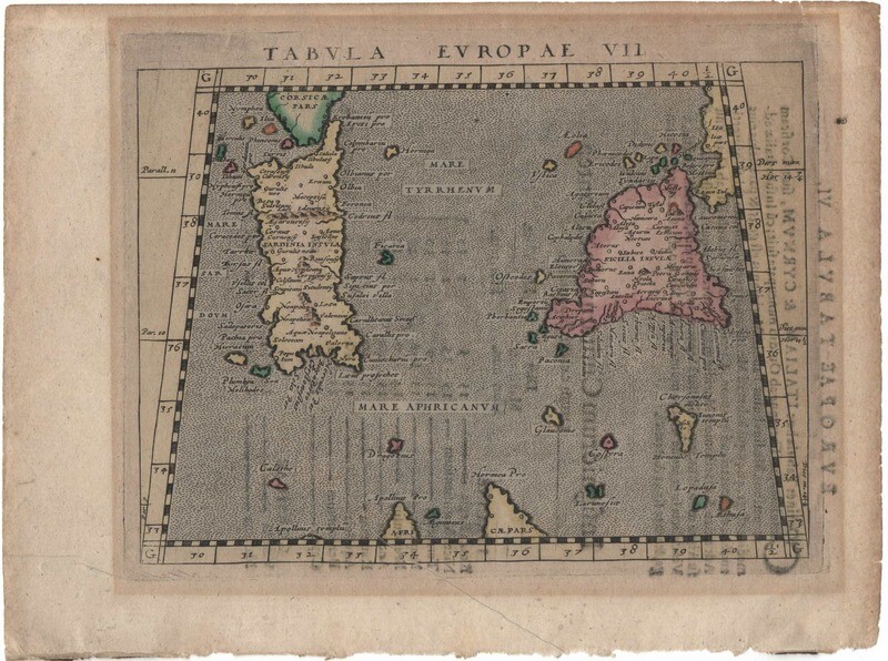 1596 Map of Sicily and Sardinia- Tabula Europa VII by Gerard Mercator in Copper Engraving w/ Original Hand Color