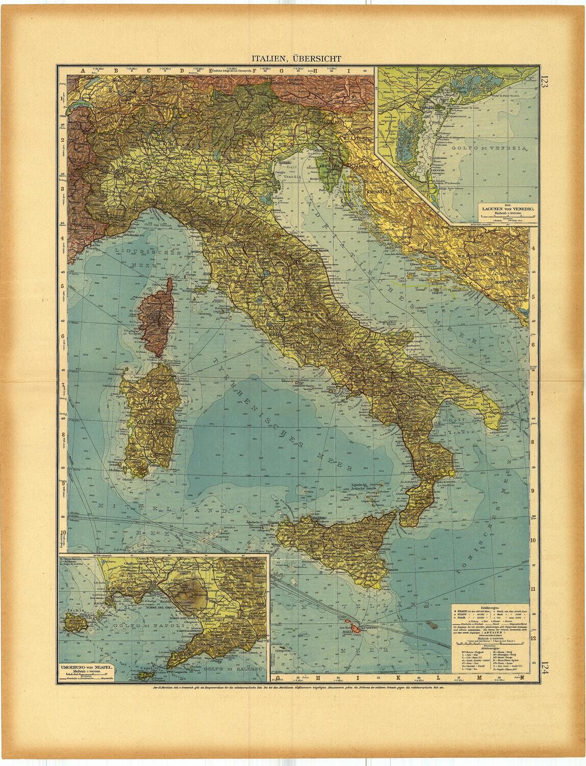 1923 Map of Italy by Stieler in Chromolithography in German