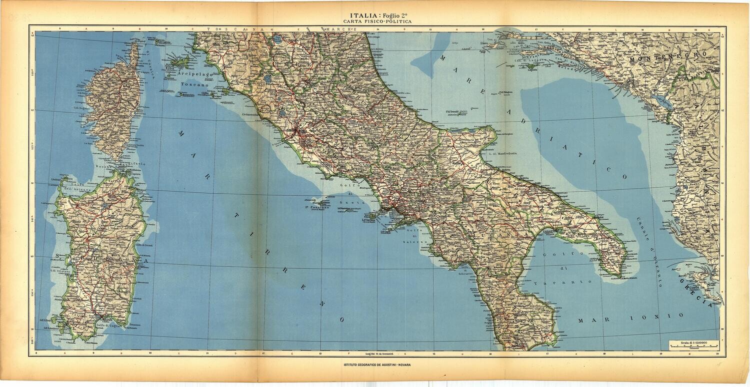 1934 Italia: Foglio 2 Carta Fisico-Politica S-central Italy Instituto Geografico de Agostini Chromolith *online