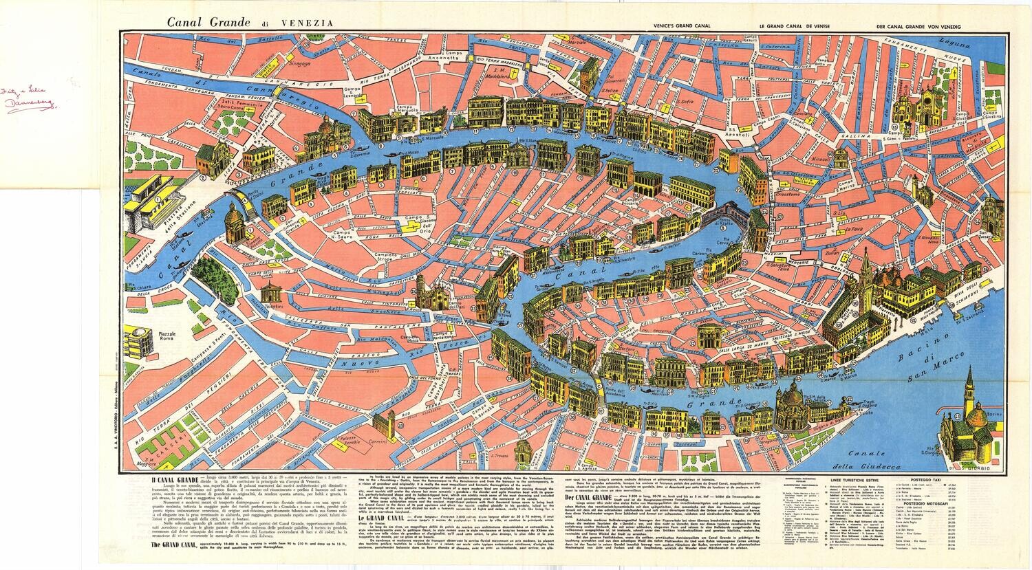 1965 Map of Grand Canal Venice Italy