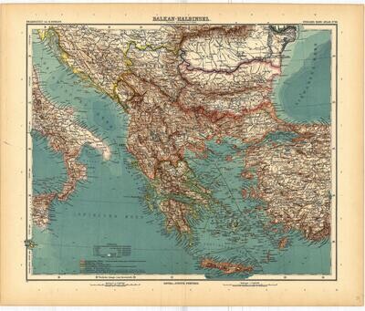 1911 Map of Balkan-Halbinsel by Justus Perthes in Chromolithography