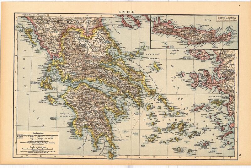 1910 Map of Greece by Geo.Cram in Color Lithography