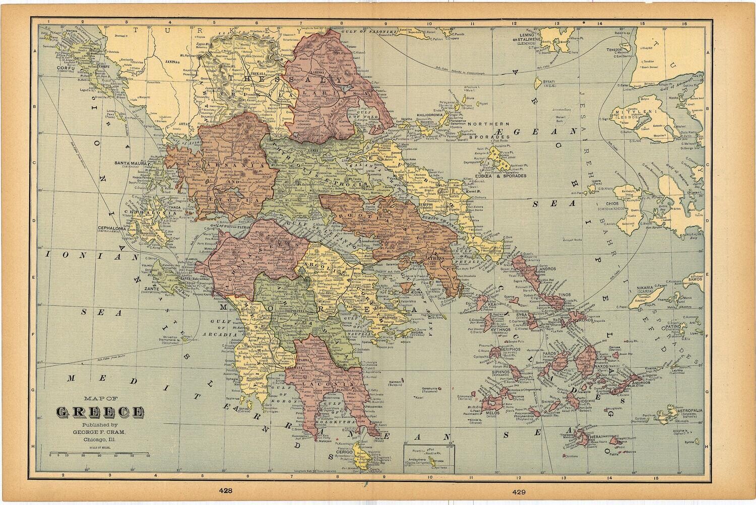 1901 Map of Greece by Geo.Cram in Color Lithography