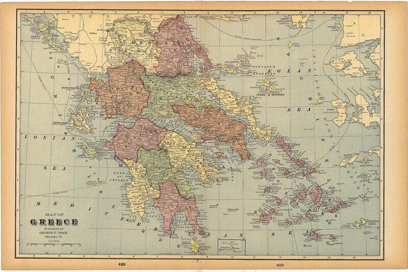 1901 Map of Greece by Geo.Cram in Color Lithography