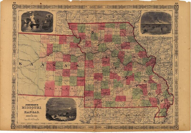1863 Map of Missouri &amp; Kansas  by Johnson &amp; Ward in Steel Engraving w/OHC