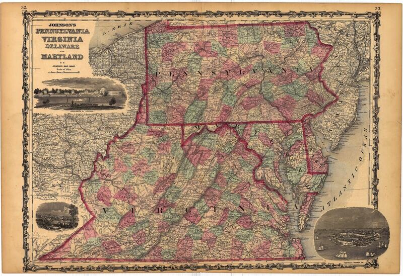 1862 Map of Pennsylvania, Virginia, Delaware &amp; Maryland by Johnson &amp; Ward in Lithography w/ OHC