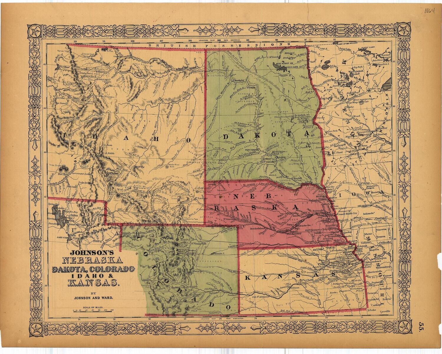 1863 Map of Nebraska, Dakota Colorado, Idaho &amp; Kansas by Johnson &amp; Ward in Steel Engraving w/OHC