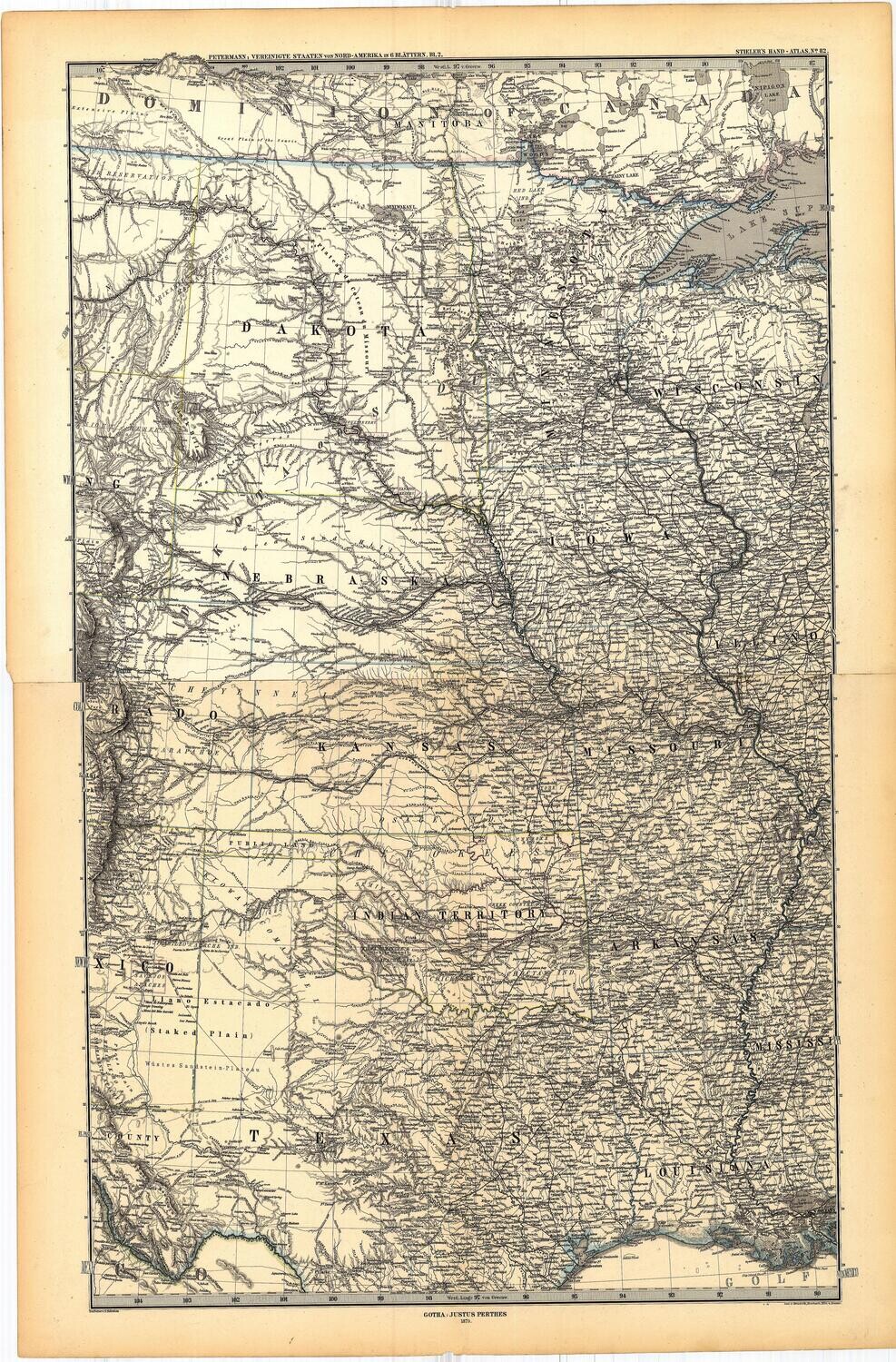 1879 German Map of US Midwest and Texas by Justus Perthus