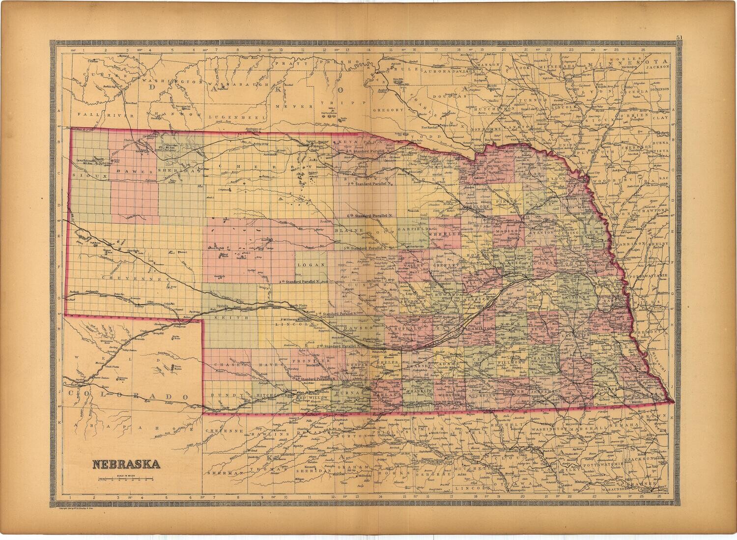 1886 Map of  Nebraska by Bradley&#39;s